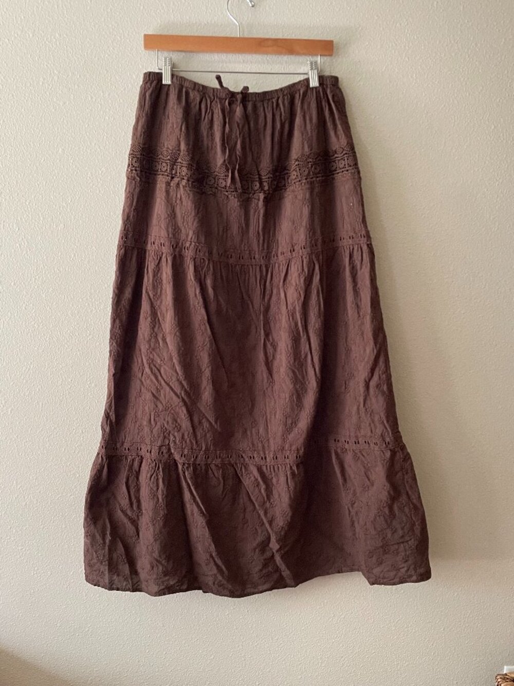 Brown cotton eyelet maxi skirt boho cottage fairy mori girl size XL